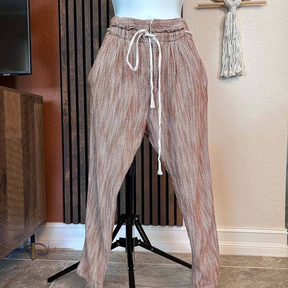 Free People Light At Sunrise Pants Brown Ivory Stripe Drawstring Straight NWOT